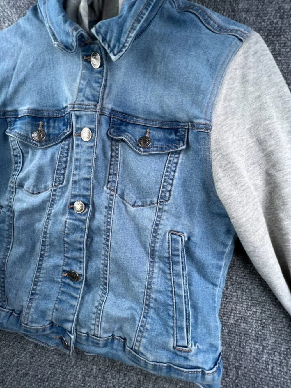 Wax Jean Denim Jacket Blue Gray Girls Large Stretch Buttons Long Sleeve Hooded